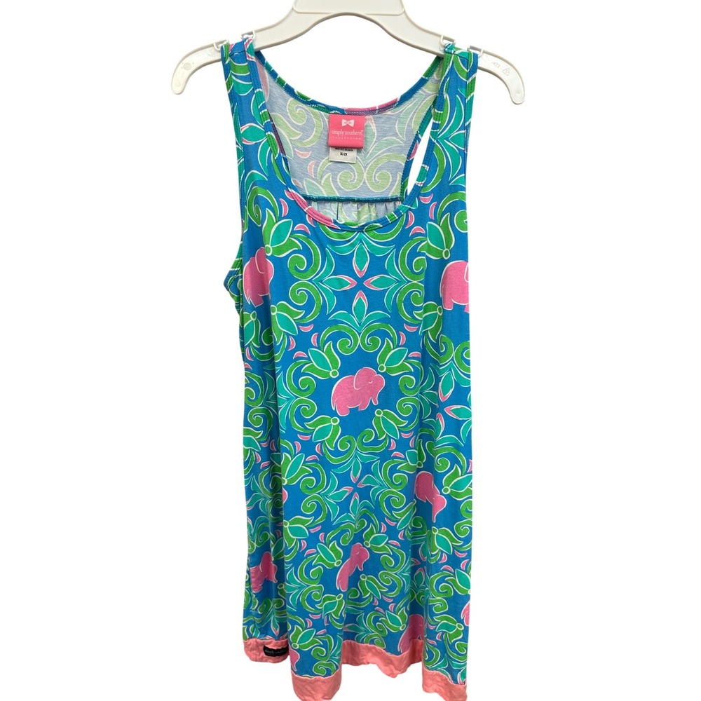 Simply Southern XL/2X Sleeveless Tank Dress Blue Pink Green Elephant Print